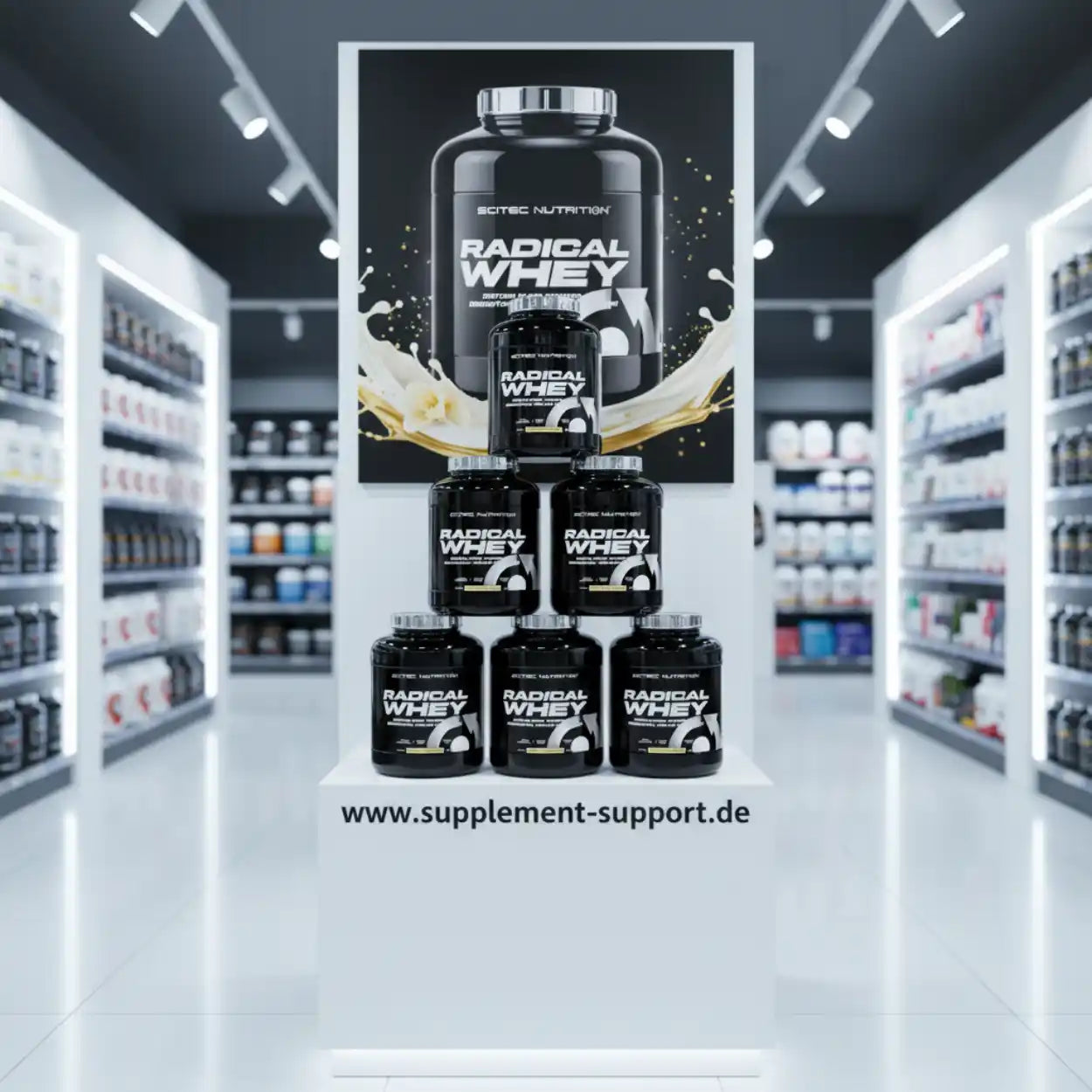 Radical Whey Protein Vanille 2000g im Supplement Support Store, Regale mit Sportnahrung im Hintergrund