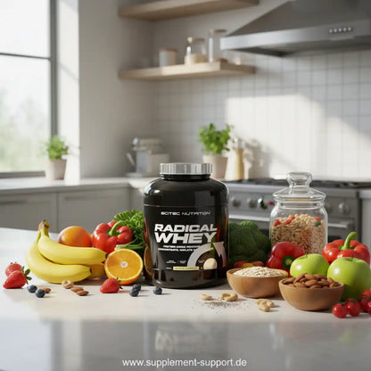 Radical Whey Protein Vanille von Scitec Nutrition im modernen Küche, umgeben von Obst, Gemüse und Nüssen, Supplement Support