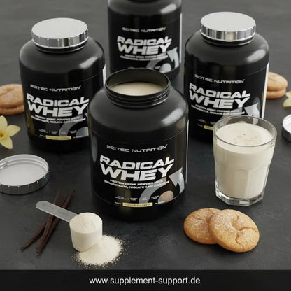 Scitec Nutrition Radical Whey Vanilla Proteinpulver, 2000g Dose, mit Shake, Plätzchen und Pulver, Supplement Support