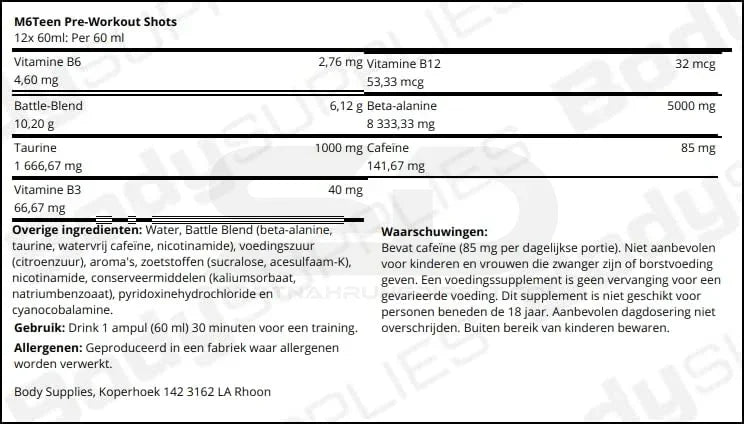 M6Teen Pre-Workout Shots Inhaltsstoffe und Warnhinweise, ideal für Sportler mit Vitaminen und Koffein