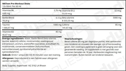 M6Teen Pre-Workout Shots Inhaltsstoffe und Warnhinweise, ideal für Sportler mit Vitaminen und Koffein