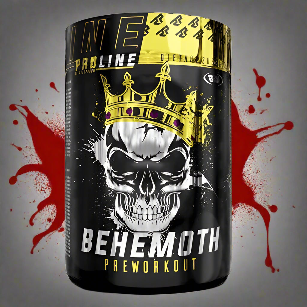 Behemoth Pre Workout mit Totenkopf und Krone, schwarze Dose mit roten Spritzern, Nahrungsergänzungsmittel