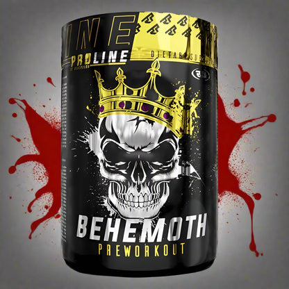 Behemoth Pre Workout mit Totenkopf und Krone, schwarze Dose mit roten Spritzern, Nahrungsergänzungsmittel