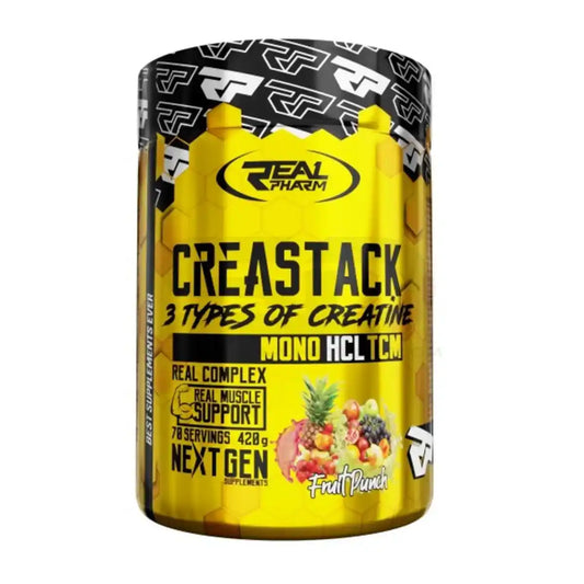 Gelbe Creatin-Dose mit Fruchtmotiv und Aufschrift Creastack, Sportnahrung Supplement