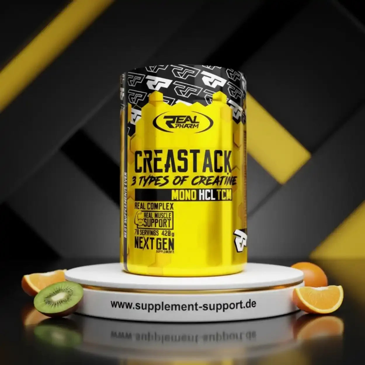 Real Pharm Creastack Kreatin-Booster mit 3 Kreatinarten, Muskelunterstützung, gelbe Dose mit Kiwi & Orange