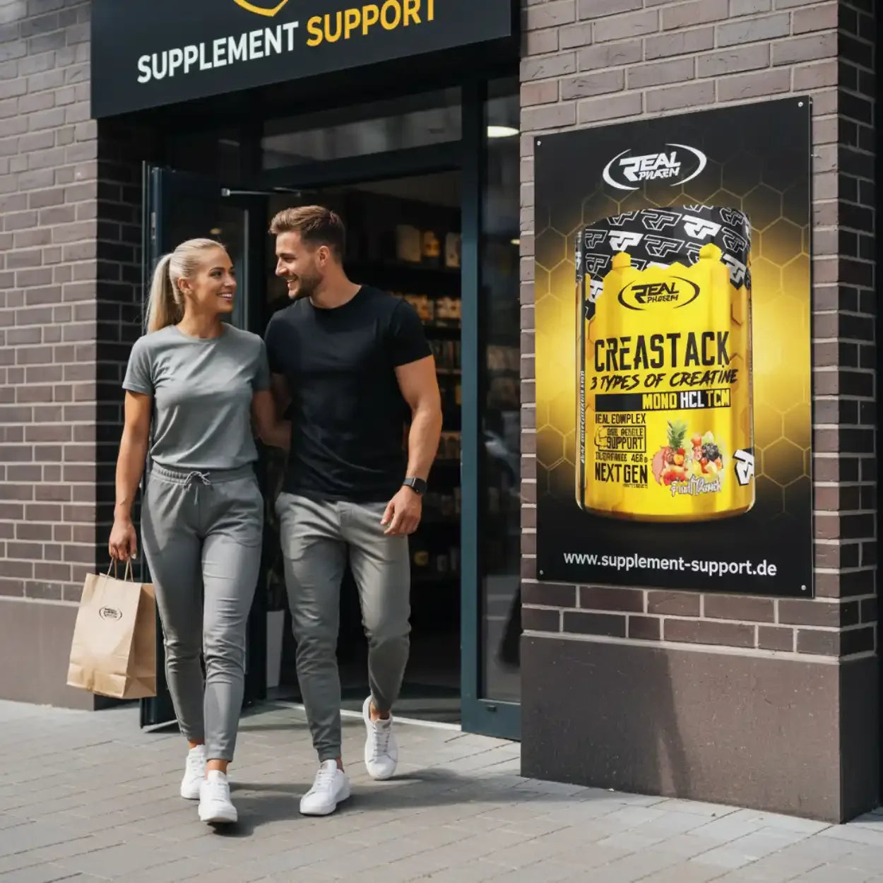 Paar verlässt Supplement Support-Laden mit Einkaufstüte, neben Werbeplakat für Creatine-Produkt