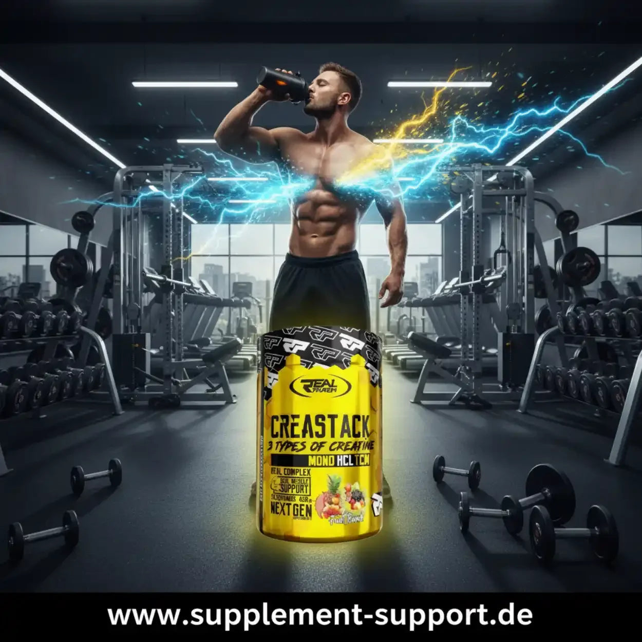 Muskulöser Mann trinkt Kreatin-Booster im Fitnessstudio – Creastack von Real Pharm