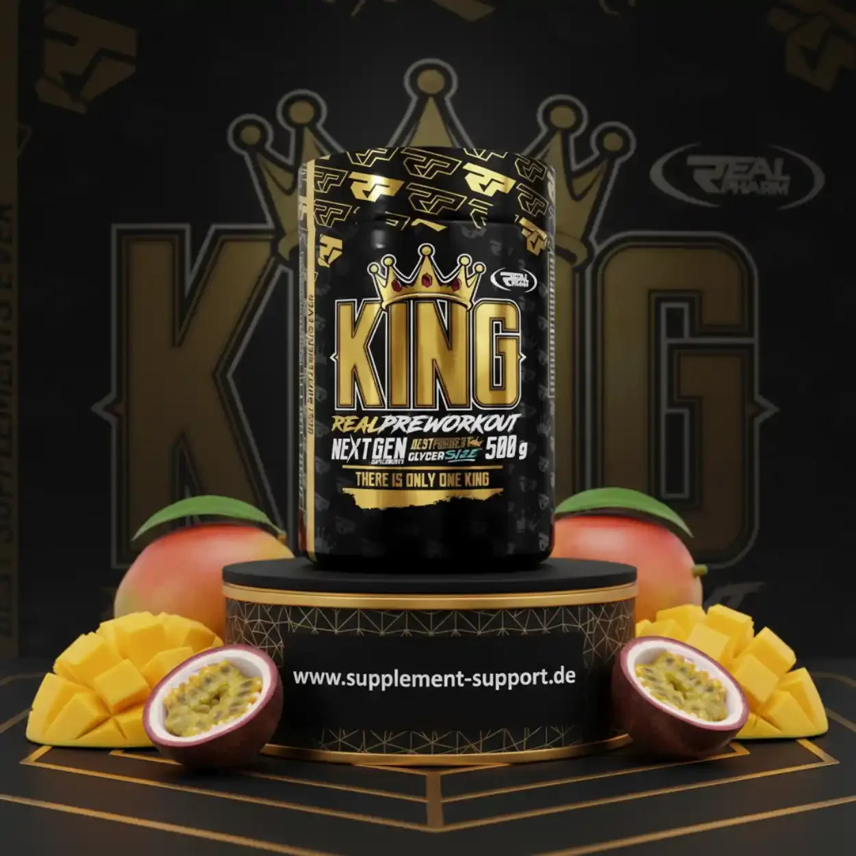King Pre Workout Supplement mit Mango und Passionsfrucht, 500g, Next Gen GlycerSize von Real Pharm