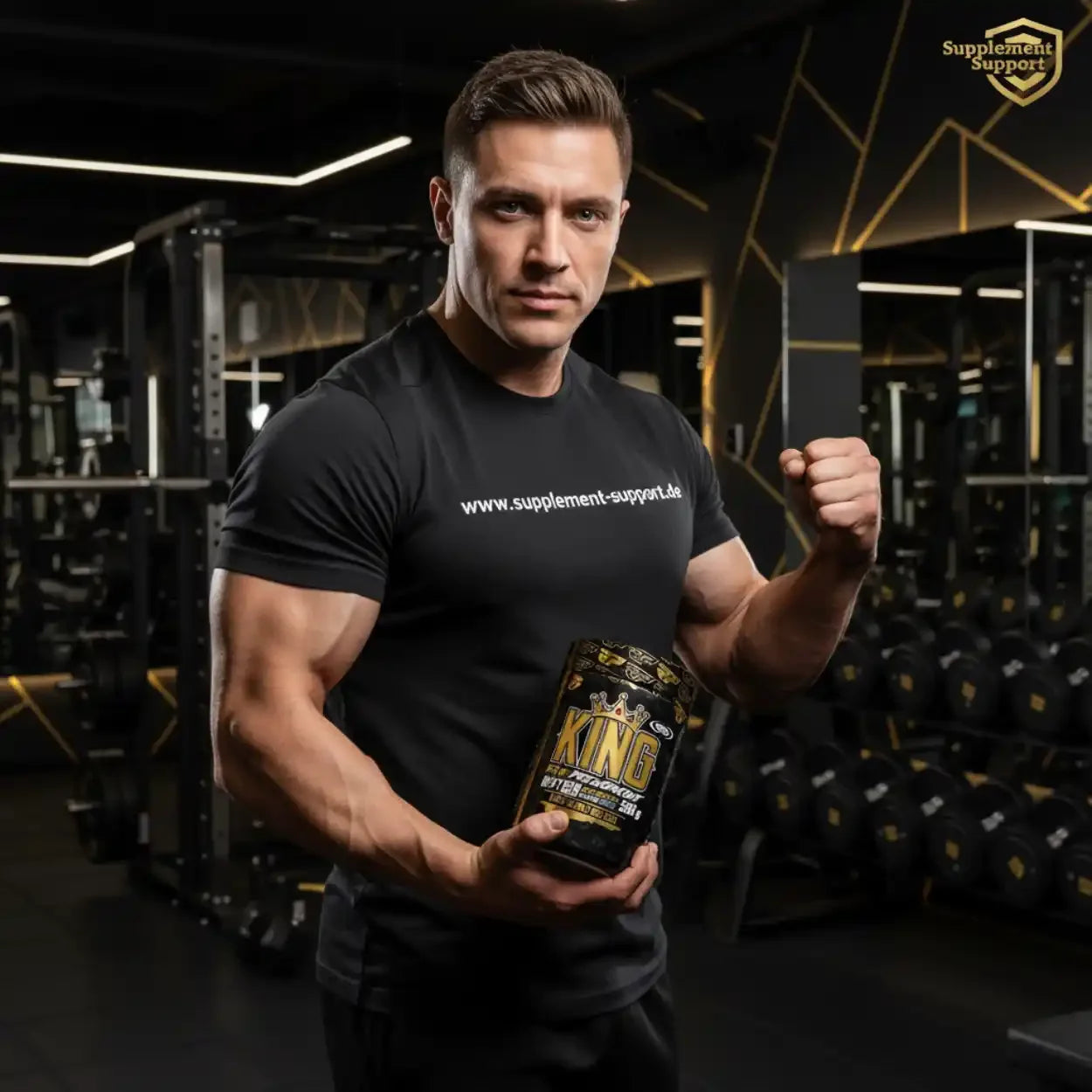 Muskulöser Mann im Fitnessstudio mit King Protein Powder, Nahrungsergänzung für Sportler
