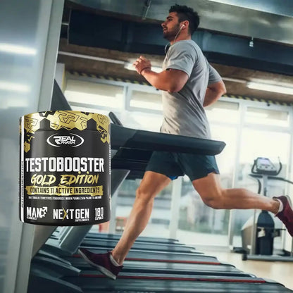 Testobooster Gold Edition mit 11 Wirkstoffen – Mann im Fitnessstudio auf Laufband