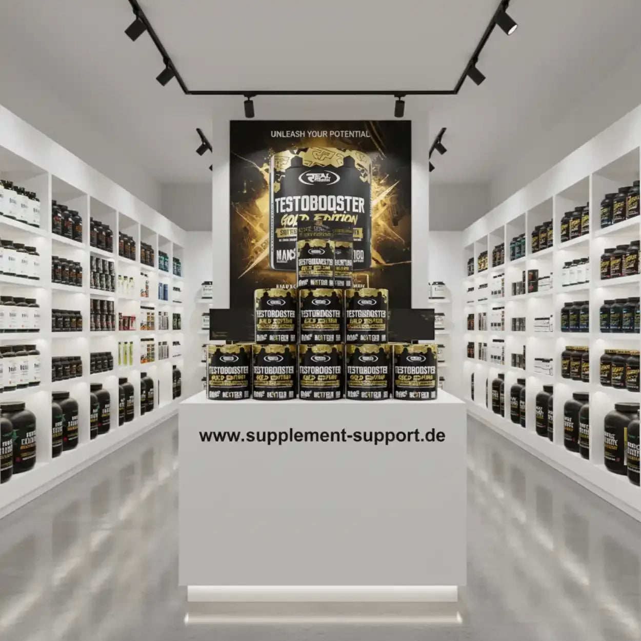 Testobooster Gold Edition in moderner Supplement-Shop-Auslage mit Protein & Booster Produkten