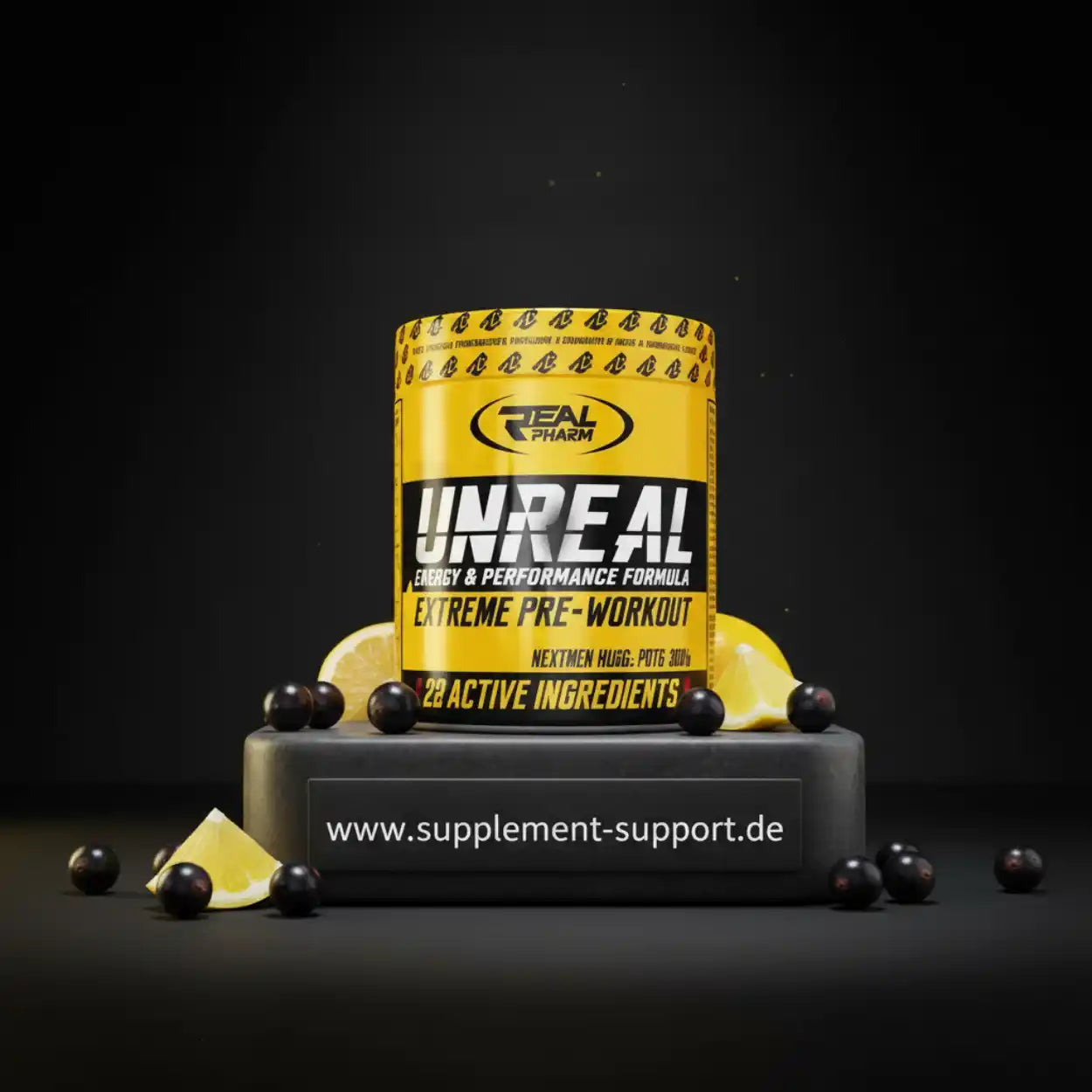 Real Pharm Unreal Extreme Pre-Workout mit 22 aktiven Inhaltsstoffen, Zitrone & Beeren