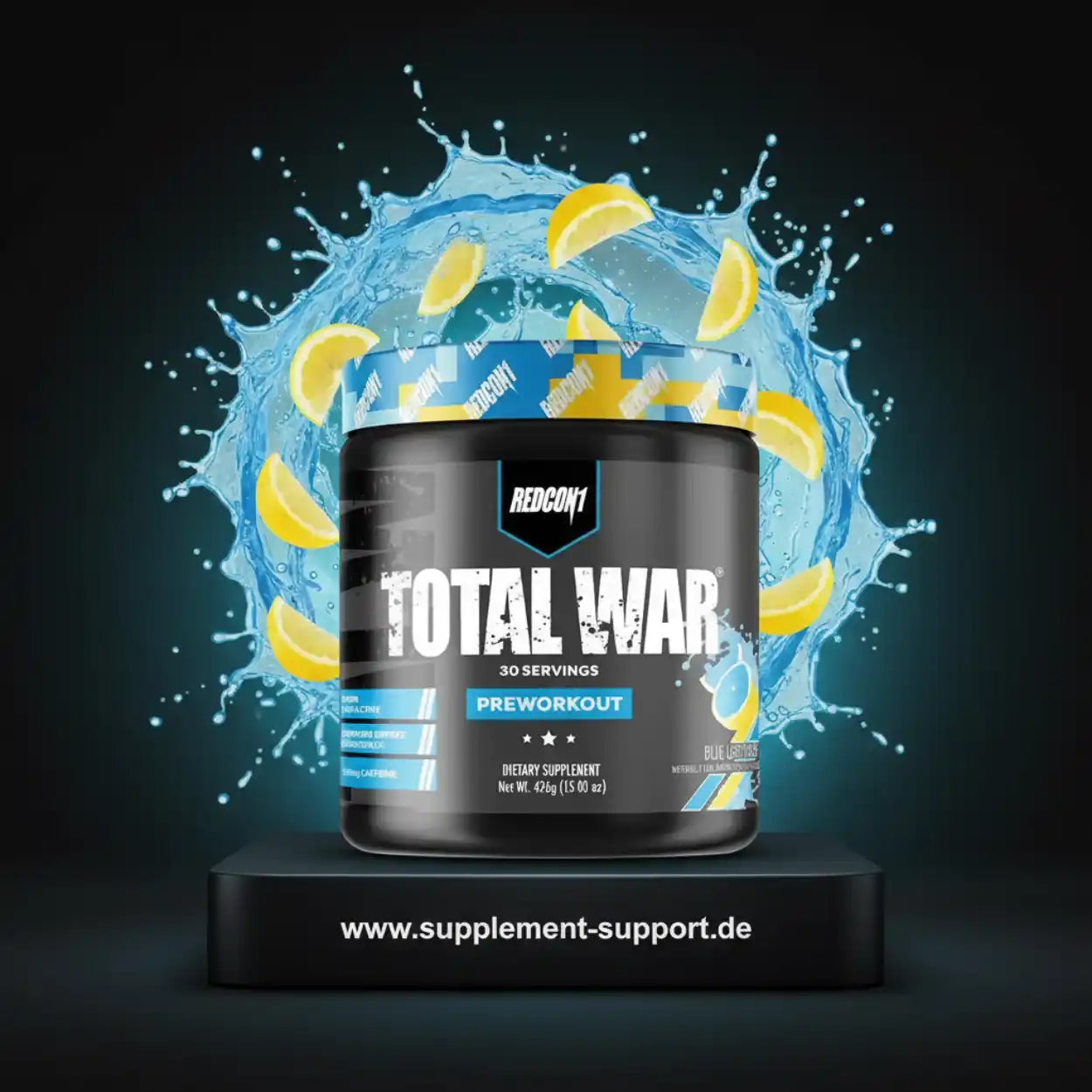 Redcon1 Total War Preworkout mit Zitronenscheiben und Wasserspritzern, 30 Portionen