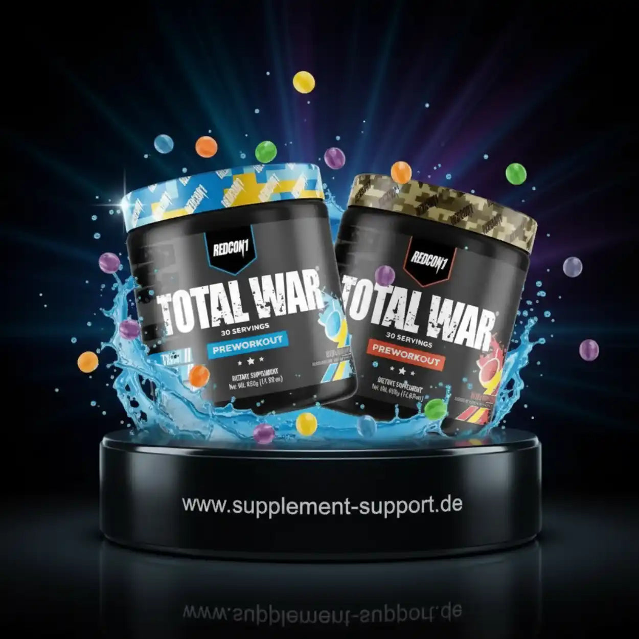 REDCON1 Total War Preworkout Supplemente mit farbigen Kugeln und Wasser-Splash-Effekt