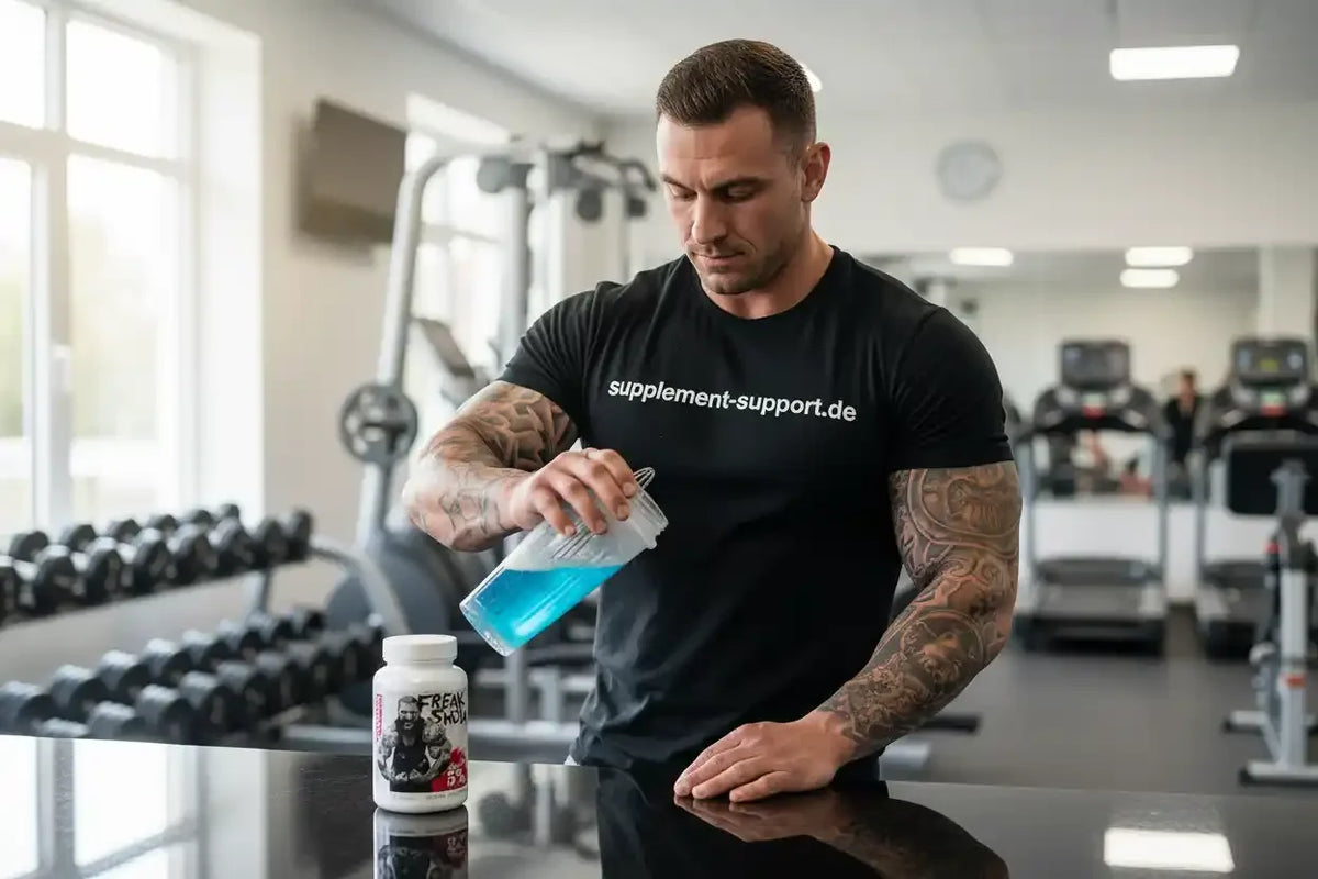Muskulöser Mann in Fitnessstudio mit blauem Proteindrink und Supplementflasche