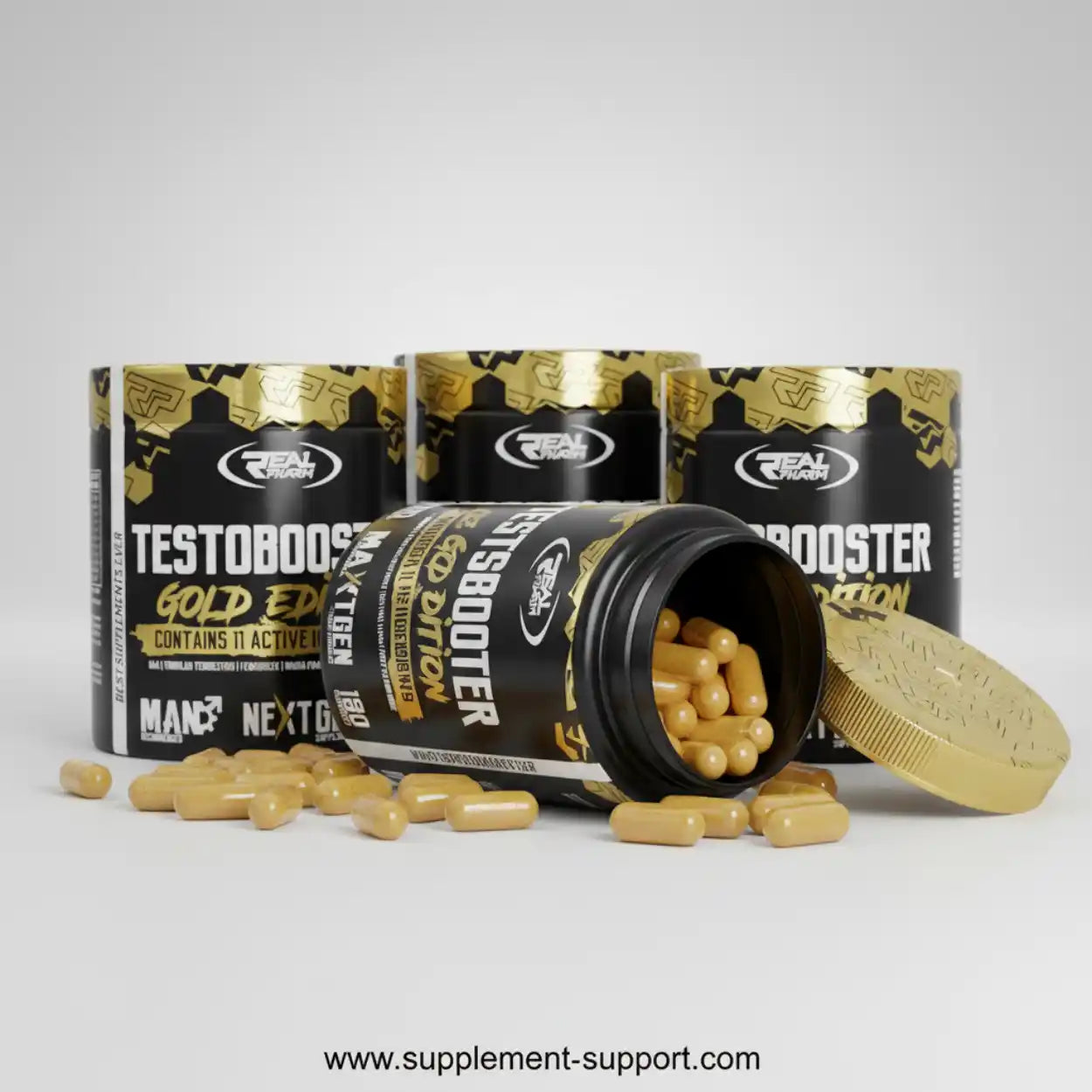 Testobooster Gold Edition Kapseln Nahrungsergänzungsmittel für Sport und Fitness auf weißem Hintergrund