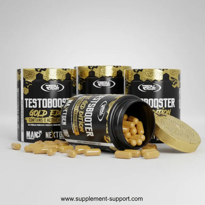 Testobooster Gold Edition Kapseln Nahrungsergänzungsmittel für Sport und Fitness auf weißem Hintergrund