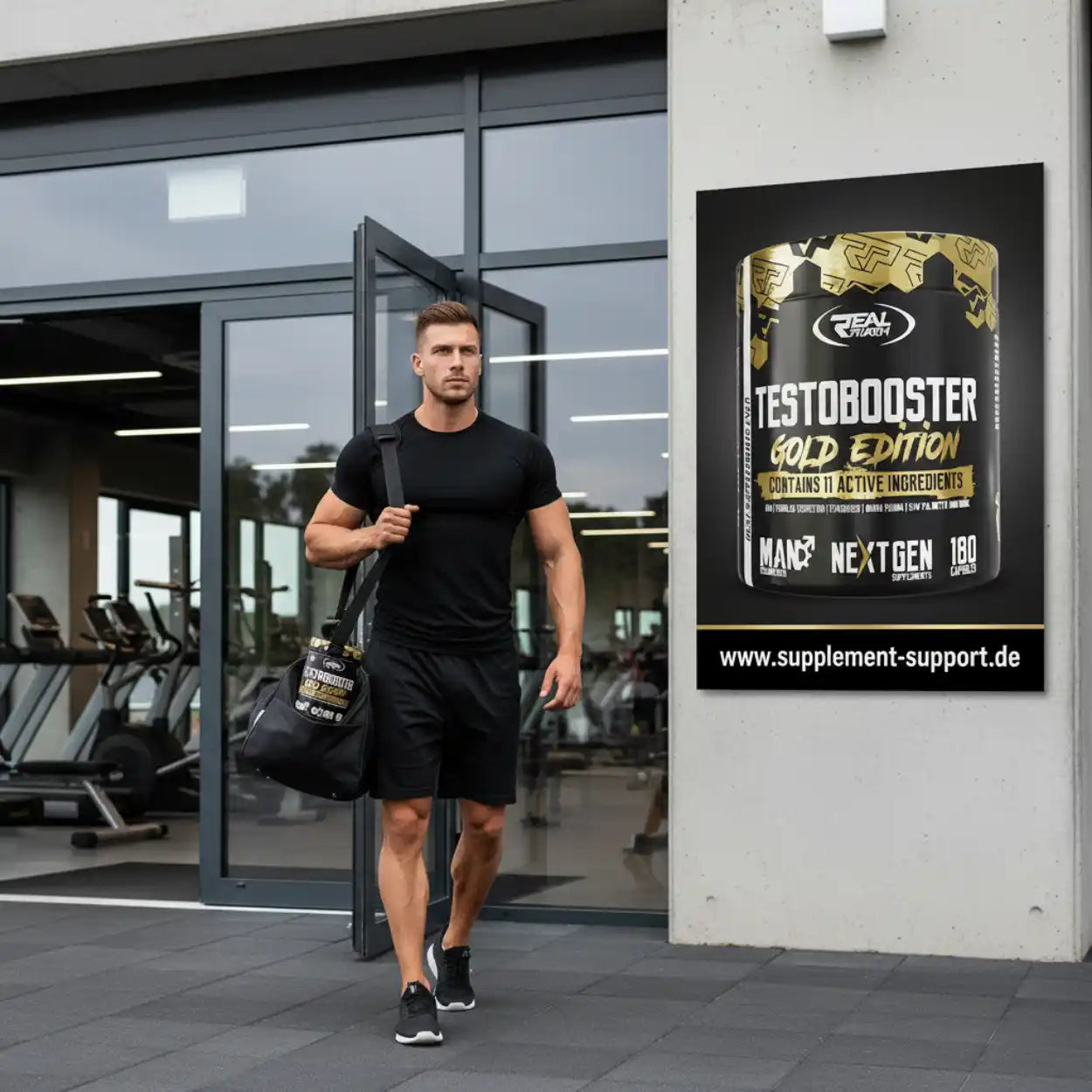 Sportlicher Mann verlässt Fitnessstudio mit Sporttasche, neben Testobooster Gold Edition Plakat