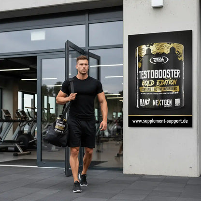 Sportlicher Mann verlässt Fitnessstudio mit Sporttasche, neben Testobooster Gold Edition Plakat