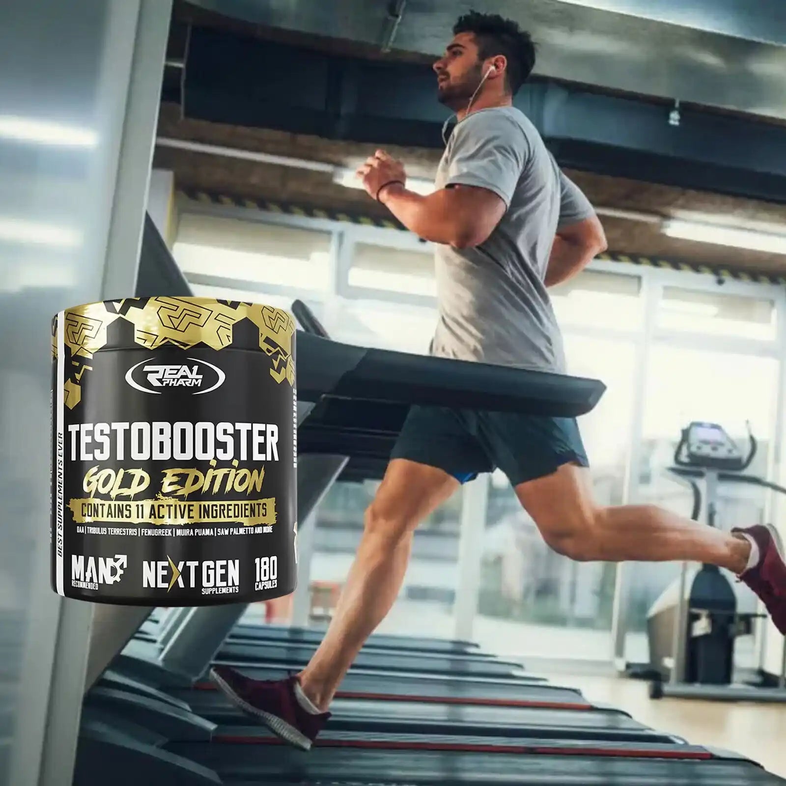 Testobooster Gold Edition Kapseln und sportlicher Mann auf Laufband im Fitnessstudio