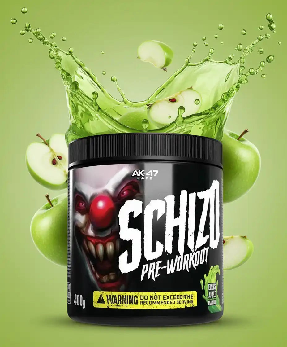 Schizo Pre-Workout mit grünem Apfelgeschmack, Energiebooster für Sportler, 400g Dose
