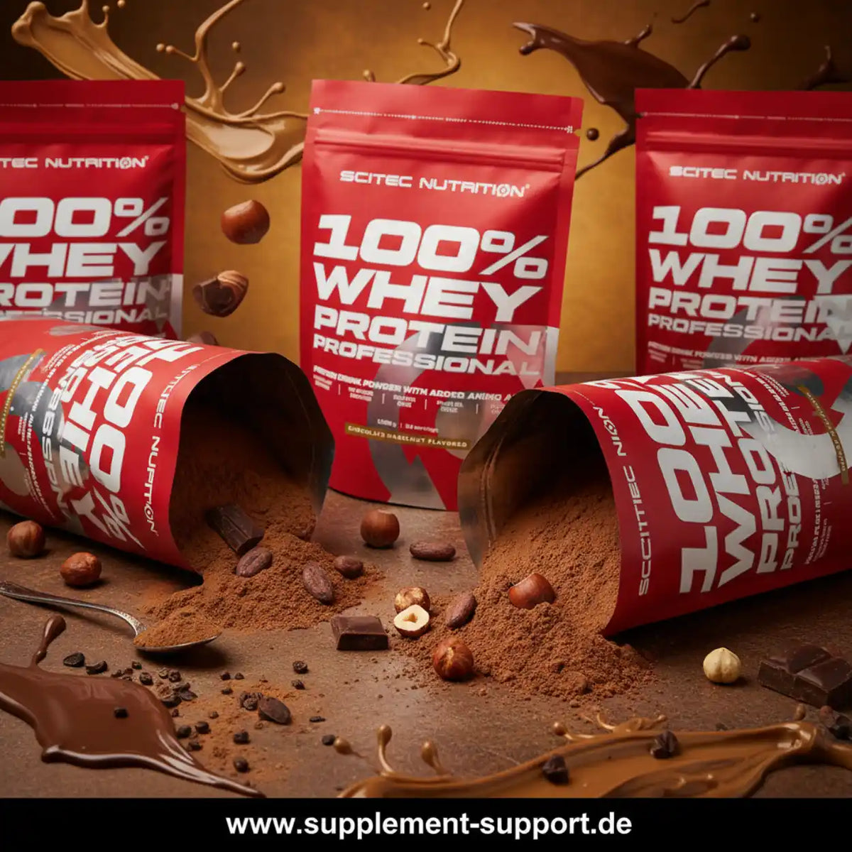 100% Whey Protein Professional von Scitec Nutrition, Schokolade-Haselnuss-Geschmack mit Nüssen und Schokolade