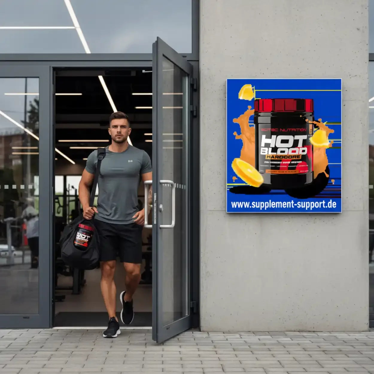 Muskulöser Mann mit Sporttasche verlässt Fitnessstudio neben Hot Blood Hardcore Werbeplakat