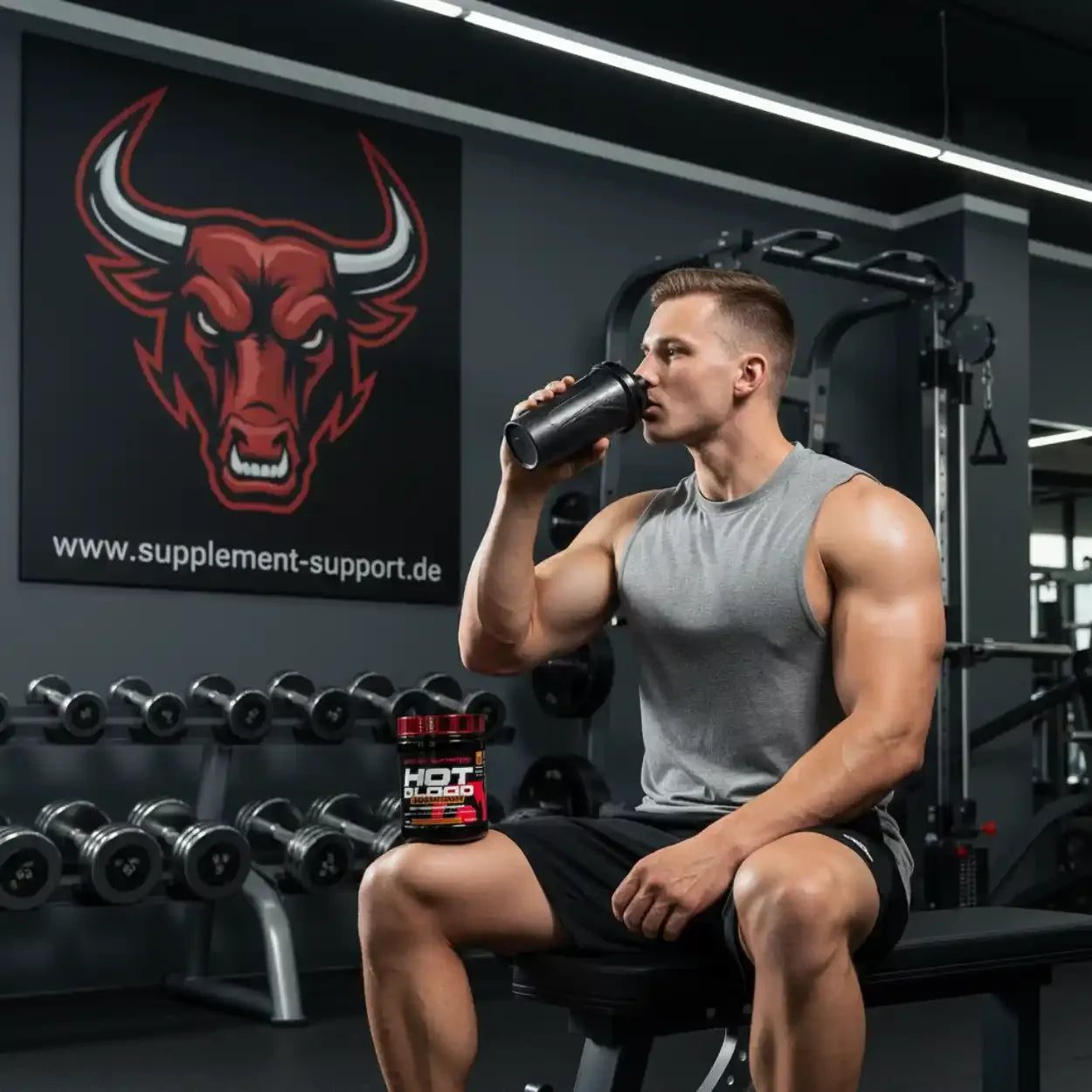 Muskulöser Mann trinkt Protein-Shake im Fitnessstudio, neben Hot Blood Booster Dose