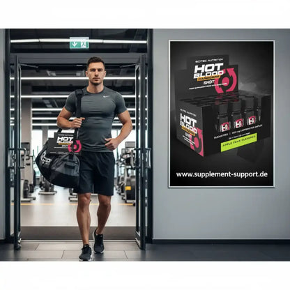 Muskulöser Mann mit Hot Blood Hardcore Shot Tasche im Fitnessstudio, Nahrungsergänzungsmittel für Sportler