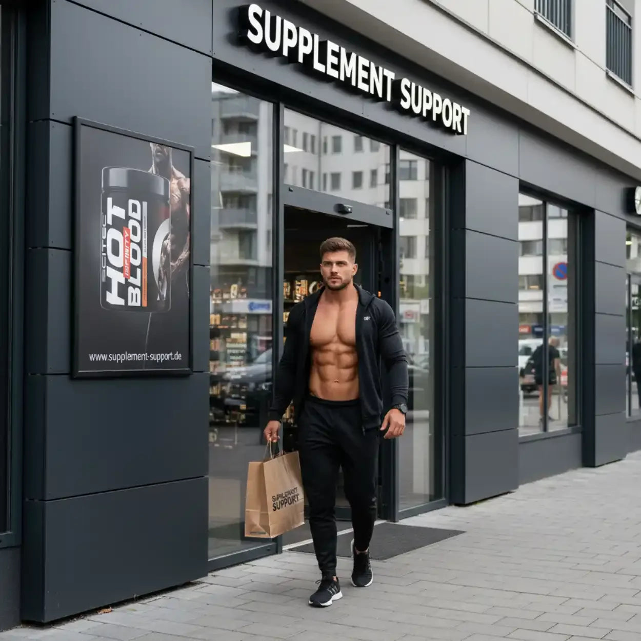 Muskulöser Mann verlässt Supplement Support mit Einkaufstüte – Protein, Booster, Vitamine