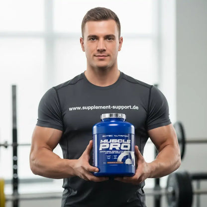 Muskulöser Mann mit Muscle Pro Protein von Scitec Nutrition im Fitnessstudio