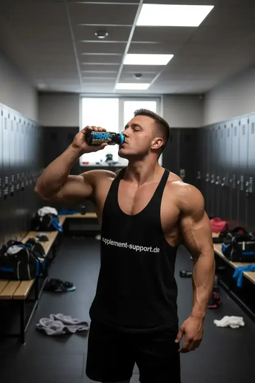 Muskulöser Mann trinkt Protein-Booster im Fitness-Studio, Nahrungsergänzungsmittel für Sportler