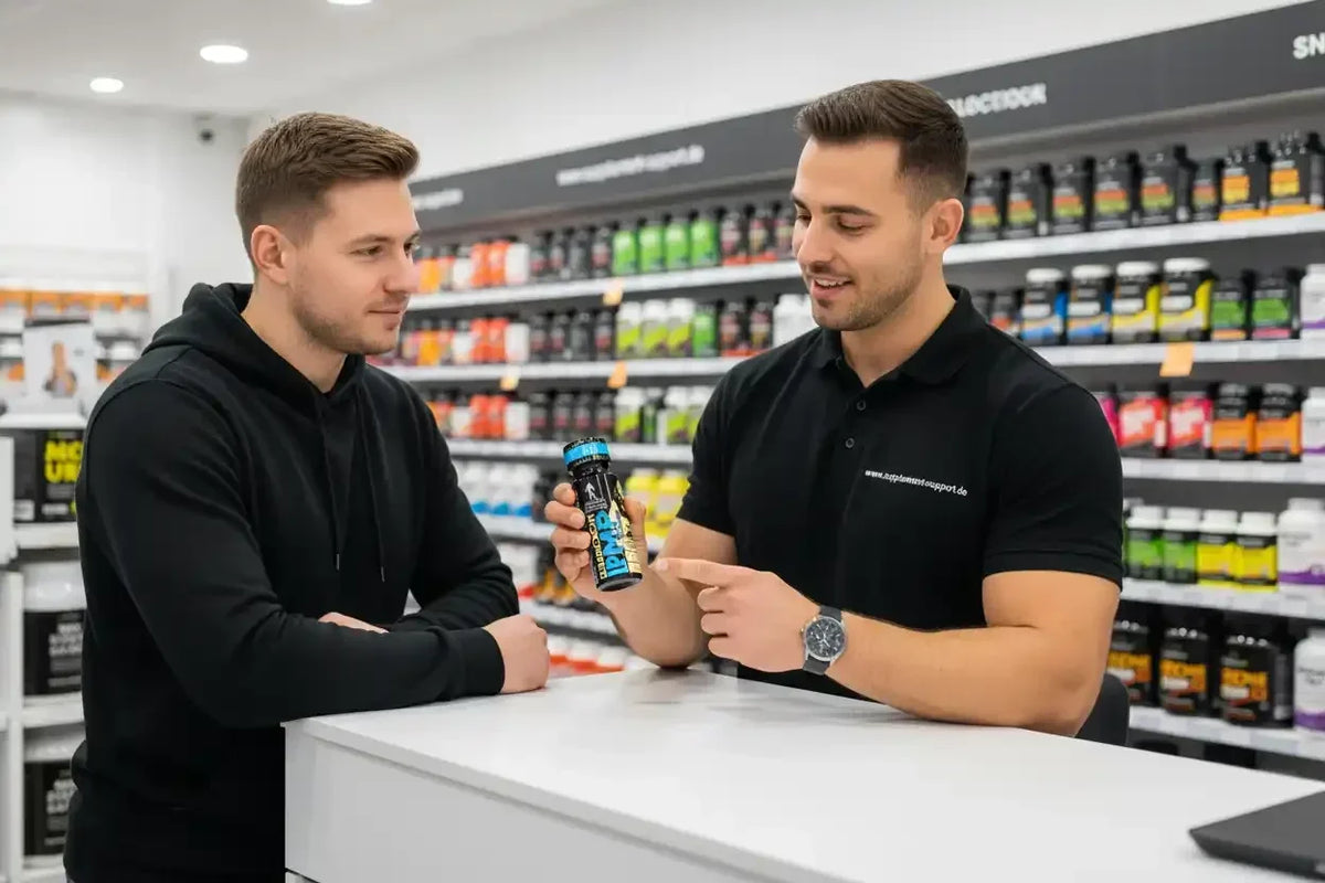 Mitarbeiter berät Kunden zu Nahrungsergänzungsmitteln im Supplement-Shop mit Protein & Booster