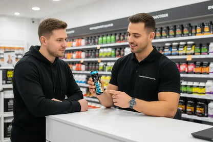 Mitarbeiter berät Kunden zu Nahrungsergänzungsmitteln im Supplement-Shop mit Protein & Booster