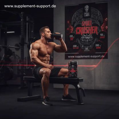 Muskulöser Mann trinkt Skull Crusher Booster im Fitnessstudio