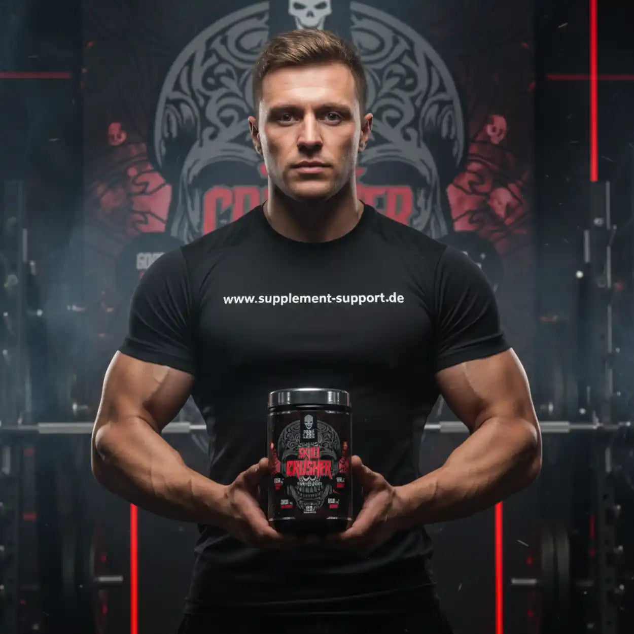 Muskulöser Mann hält Skull Crusher Booster in Fitnessstudio – Protein & Sportnahrung