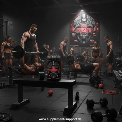 Skull Crusher Pre-Workout Booster im Fitnessstudio mit Athleten und Gewichten