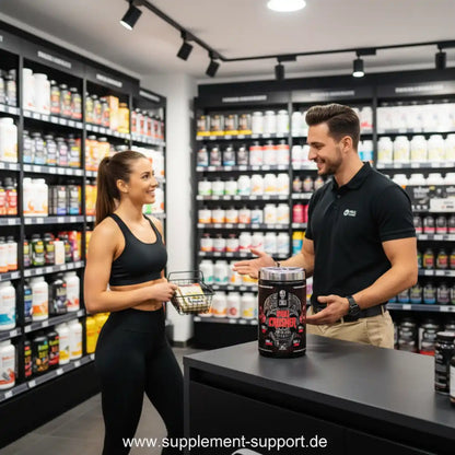 Mann präsentiert Sportnahrung im Supplement-Shop, Frau mit Einkaufskorb, Protein & Booster