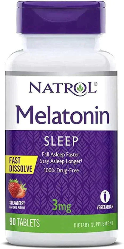 Natrol Melatonin Sleep 3mg Tabletten, 90 Stück, Nahrungsergänzung, Fast Dissolve, Erdbeere, vegetarisch