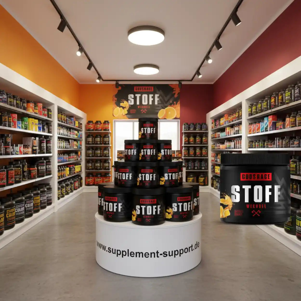 GODSRAGE STOFF Whey Protein in Supplement-Shop mit Regalen voller Nahrungsergänzungsmittel