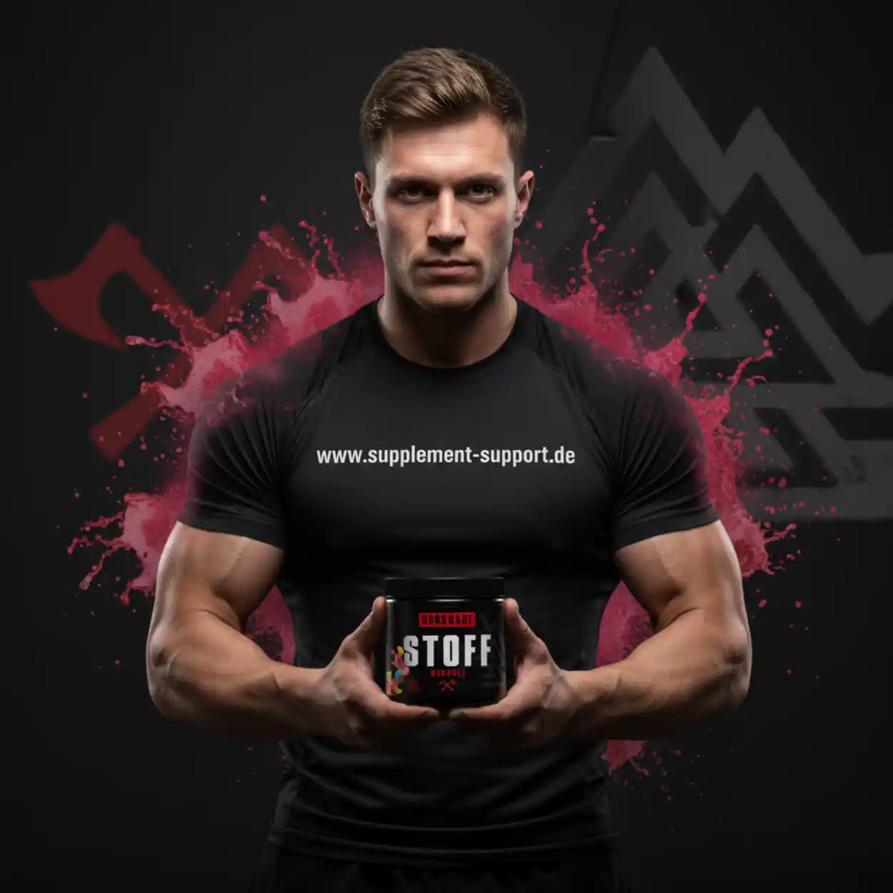 Muskulöser Mann hält STOFF Pre-Workout Booster – Protein & Sportnahrung für Fitness und Krafttraining