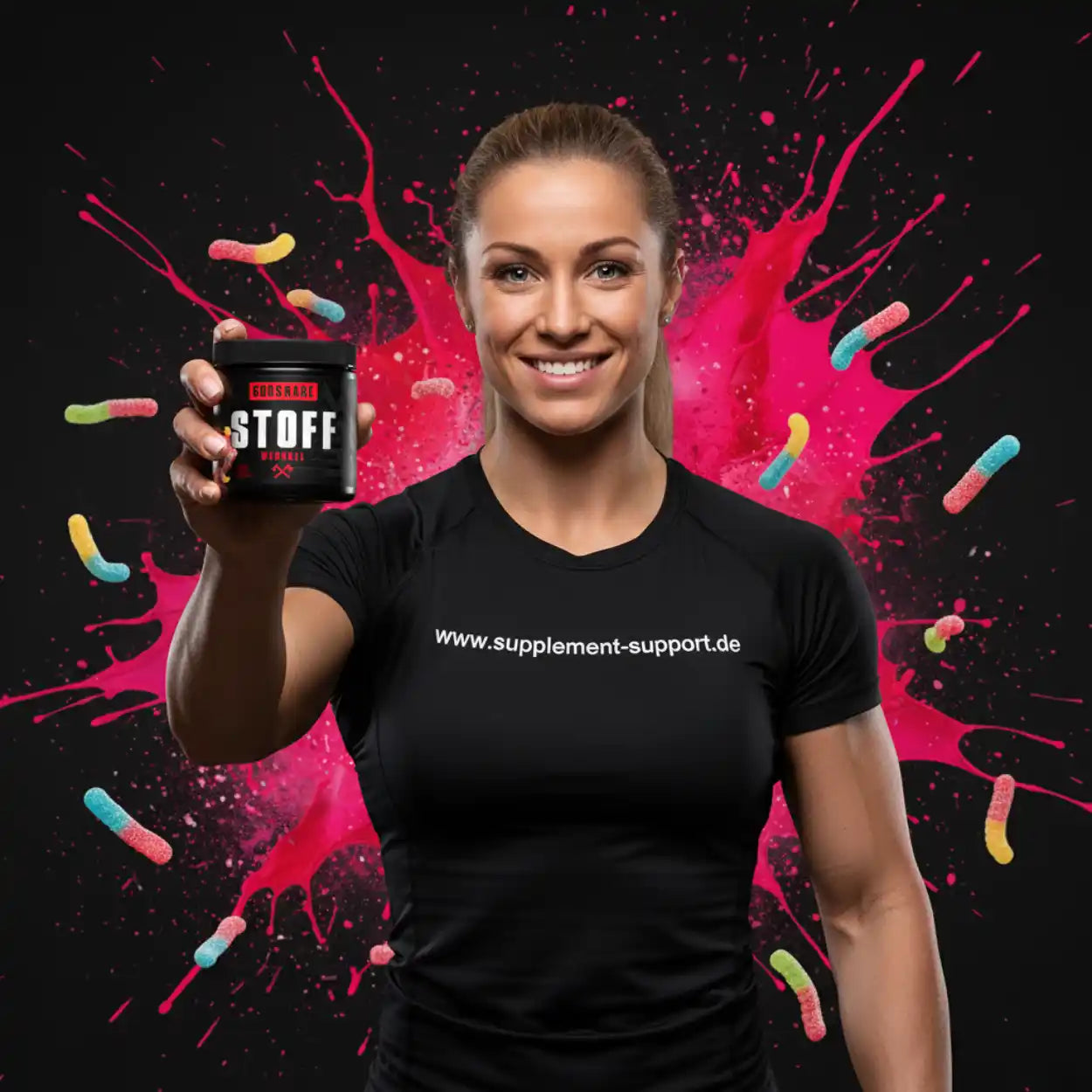 Frau hält STOFF Gummy Vitamine von GODSHARD – Nahrungsergänzung für Sportler mit farbigen Gummibärchen