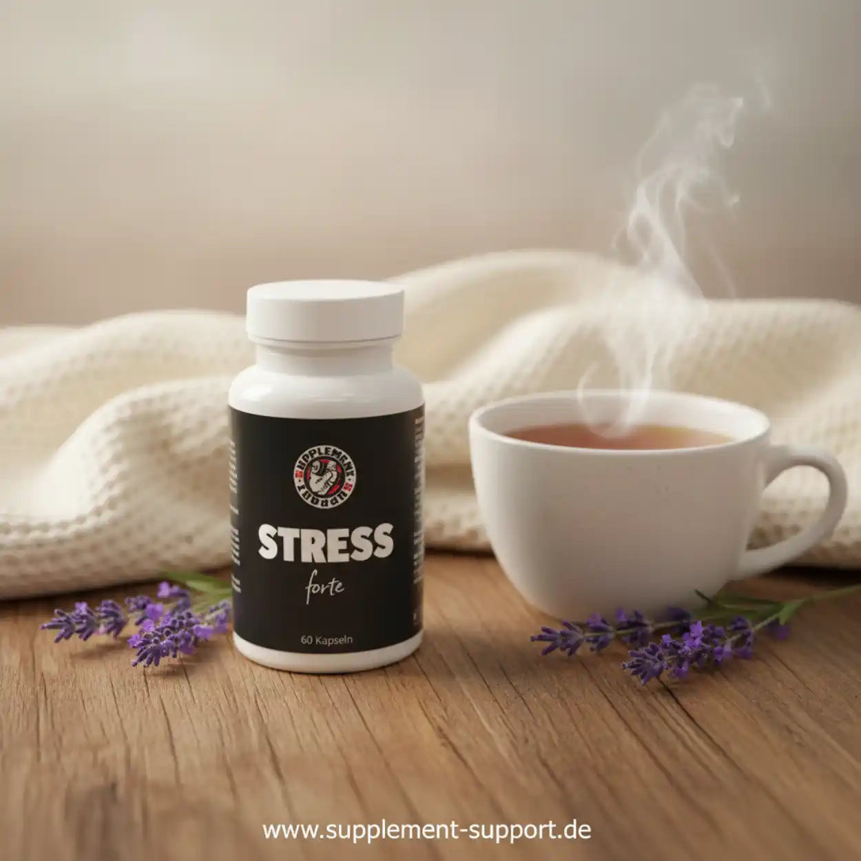 Stress forte Nahrungsergänzung mit Lavendel und Tee, 60 Kapseln für Entspannung und Wohlbefinden