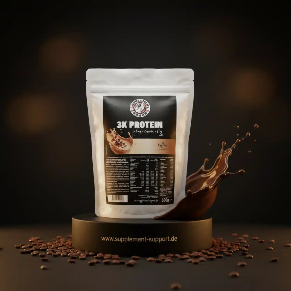Supplement Support 3K Protein Whey im Kaffee-Geschmack mit Kaffeebohnen und Schokospritzer