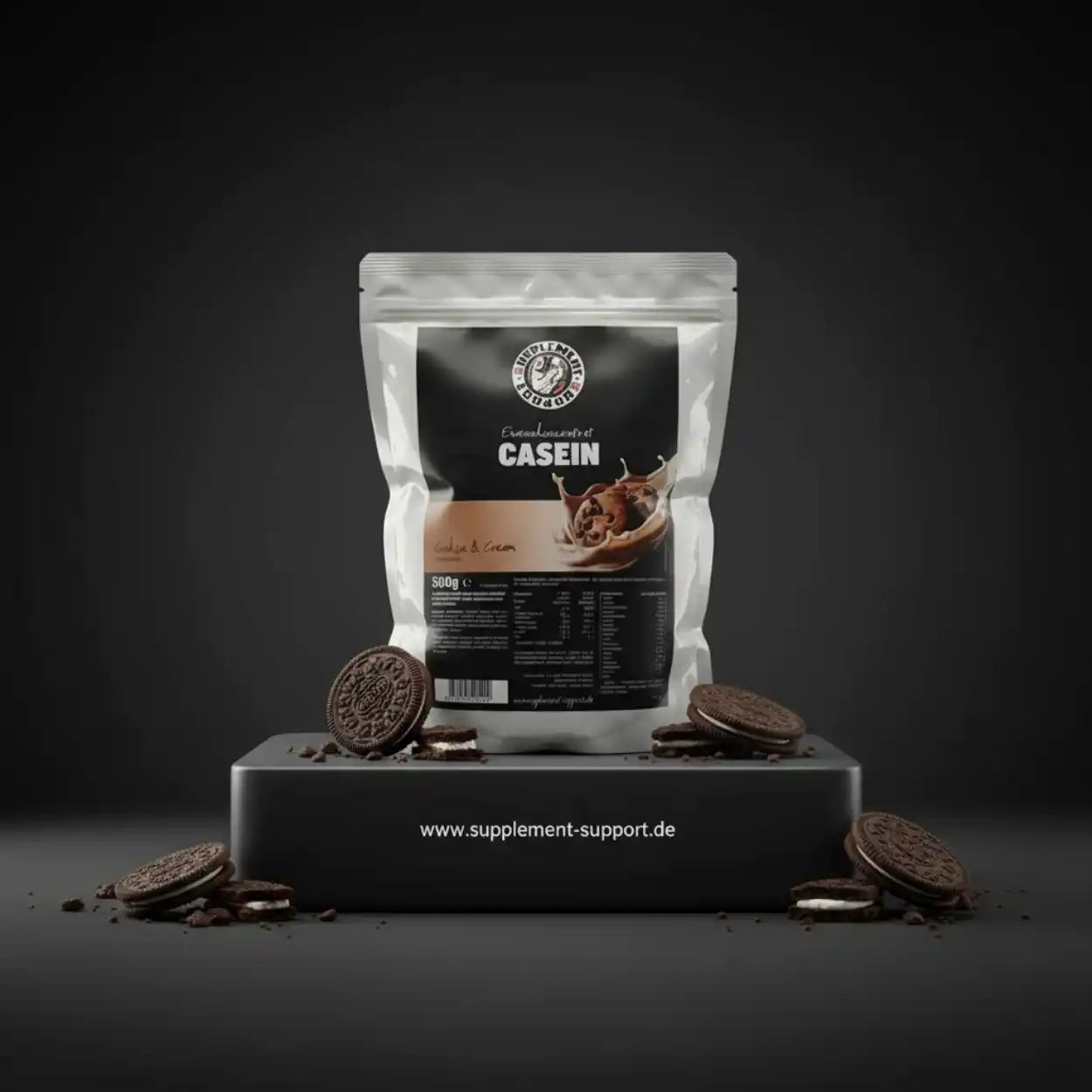Casein Protein Pulver Cookie & Cream Geschmack, 500g Beutel mit Keksen, ideal für Sportler und Muskelaufbau