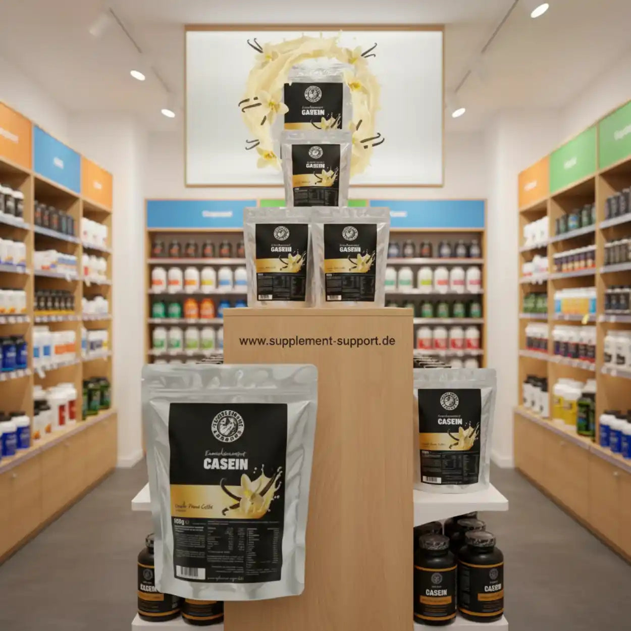 Casein Protein Pulver in Vanille-Geschmack, ideal für Sportler und Muskelaufbau im Supplement-Shop