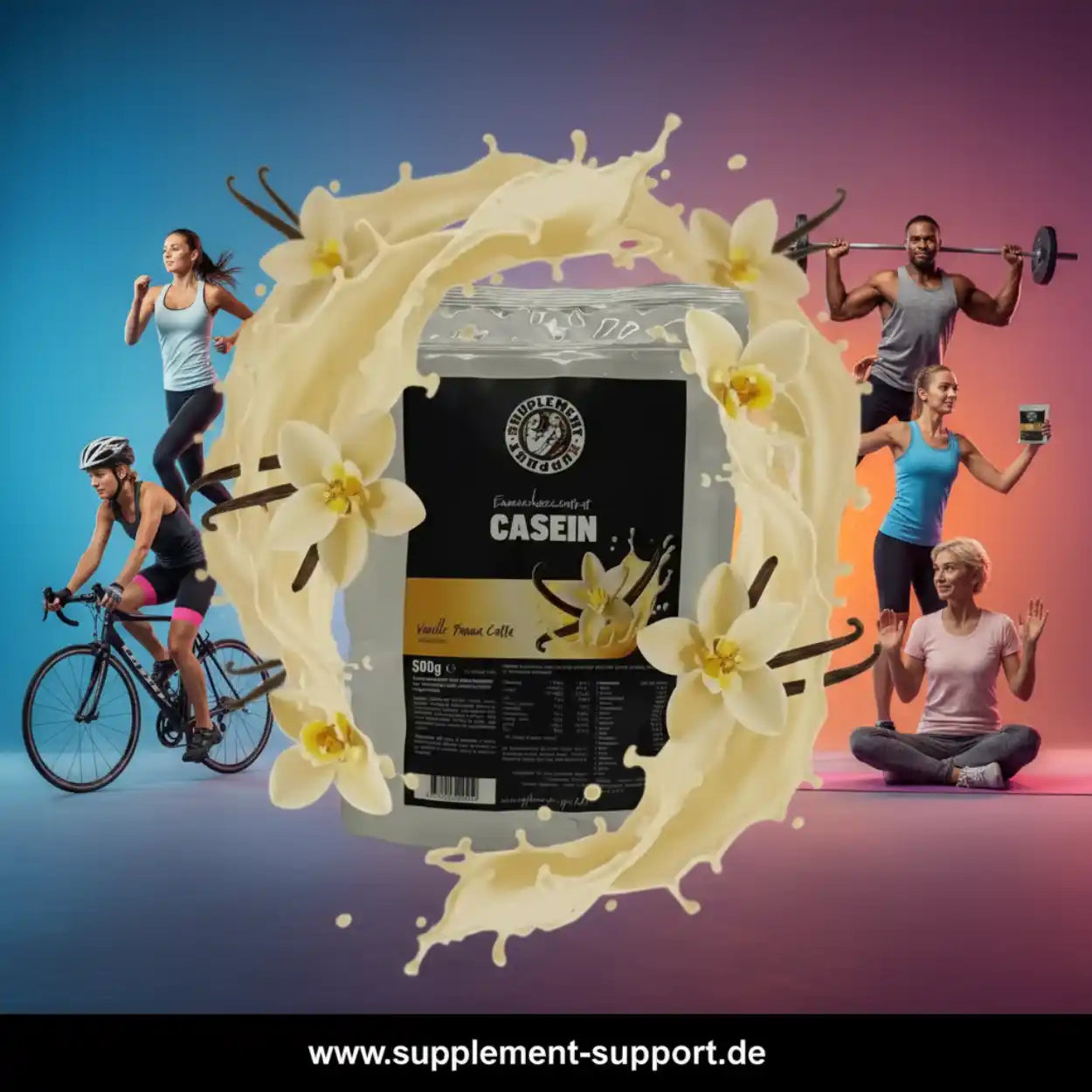 Casein Protein Vanille-Brownie, umgeben von Vanilleblüten und Sportlern, ideal für Muskelaufbau und Recovery