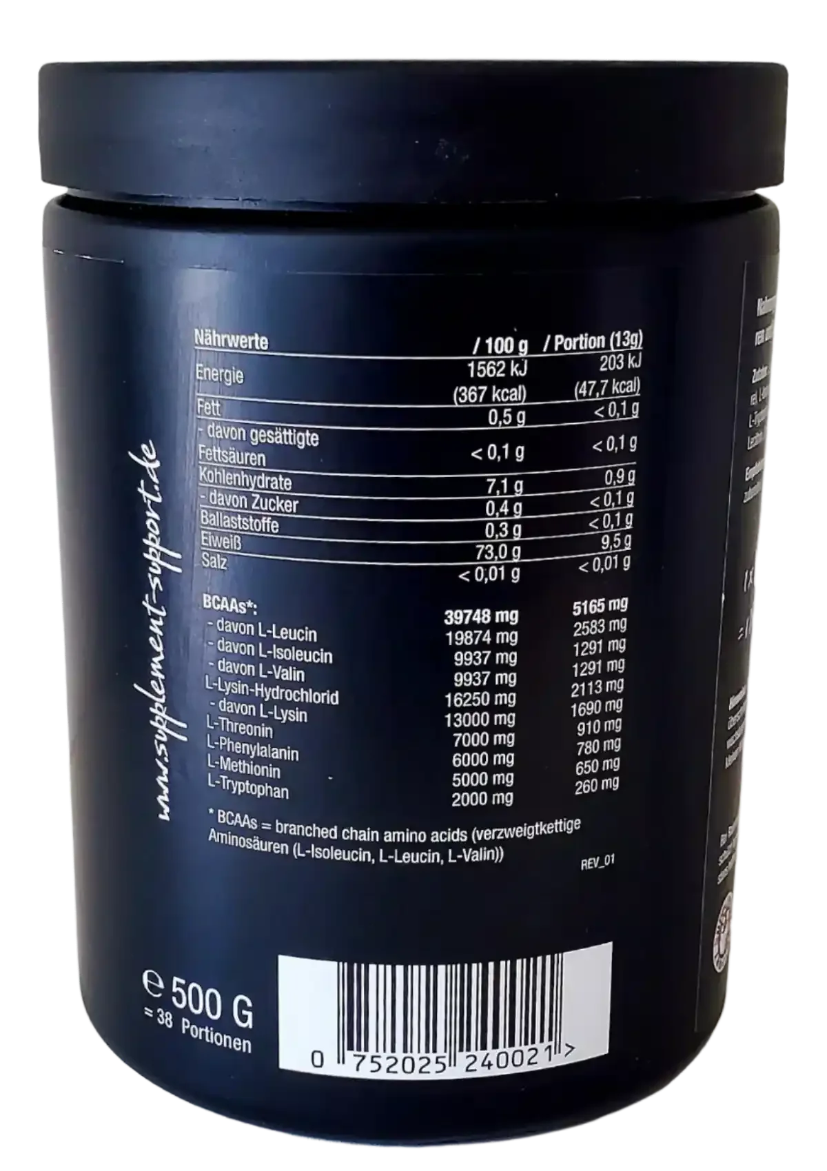 Nährwerttabelle BCAA-Pulver 500g, Protein, Aminosäuren, Sportnahrung, Supplement Support