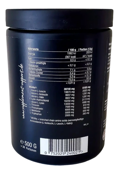 Nährwerttabelle BCAA-Pulver 500g, Protein, Aminosäuren, Sportnahrung, Supplement Support