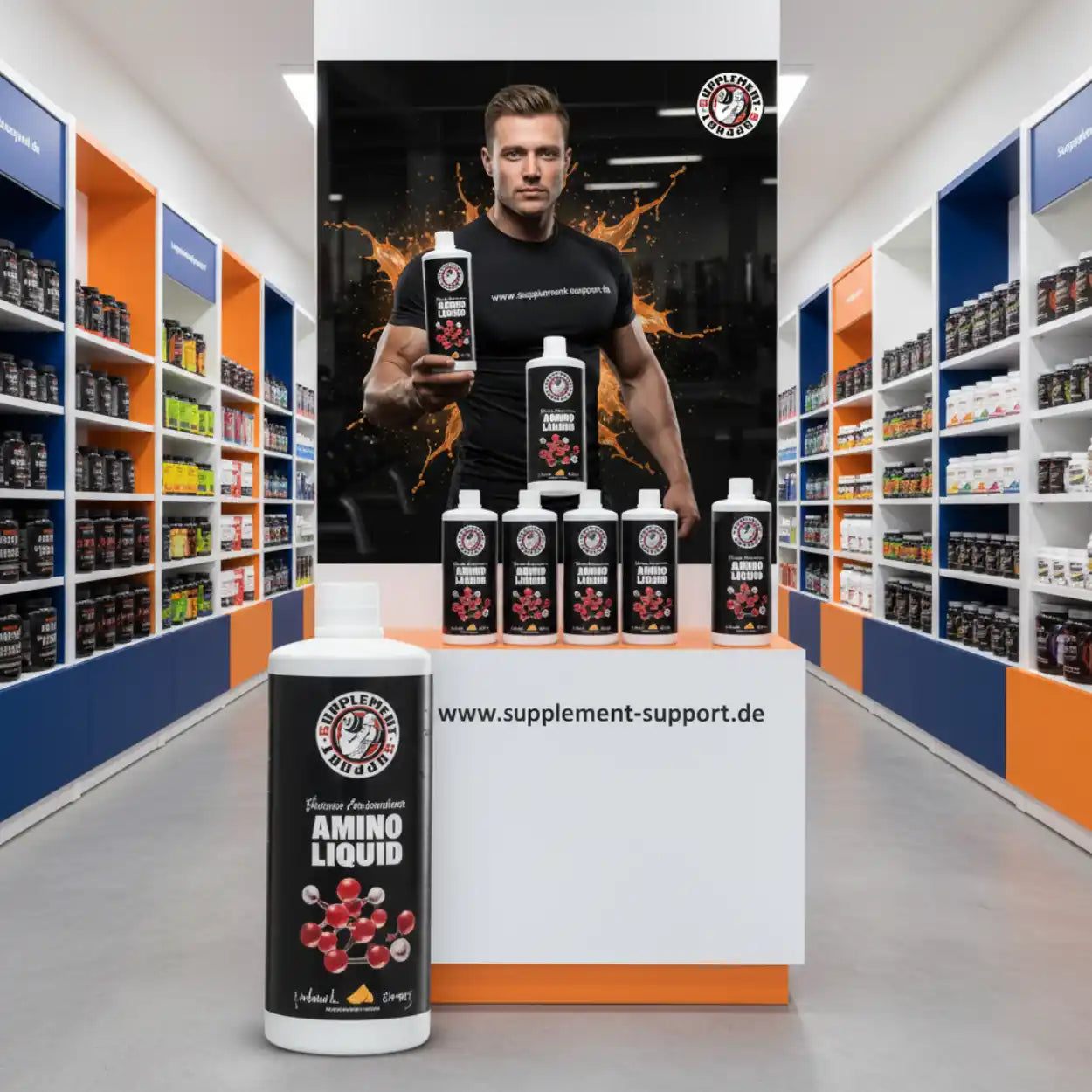 Amino Liquid 1000ml Nahrungsergänzungsmittel im Sportnahrung Shop auf Verkaufstisch